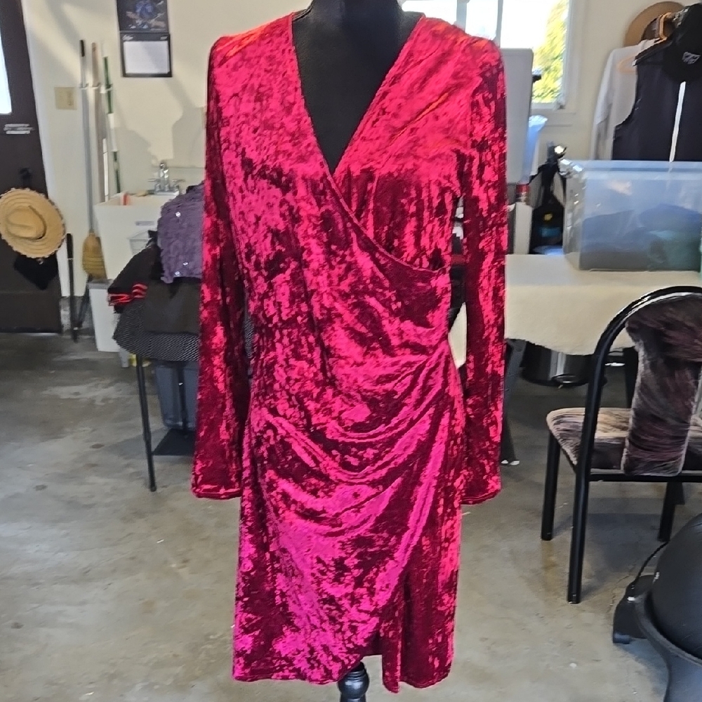 Fashion Nova Velvet Wrap Dress in Vibrant Red
